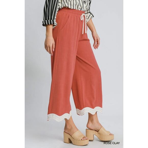 Umgee Rose Clay Linen Scalloped Hem Pants - Picture 2 of 4